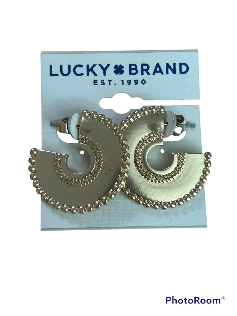 NWT on card Lucky Brand goldtone bead edge disc circle solid hoop earrings